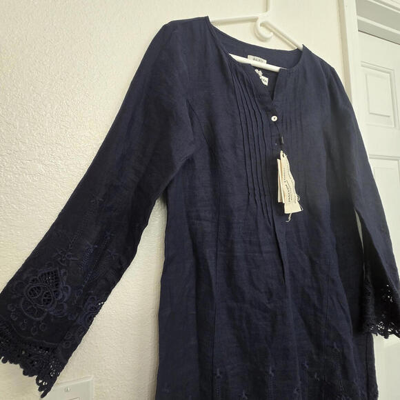 NWT Malvin 100%Linen DarkNavy Long Sleeve Shift Tunic Dress V-neck Embroidered L - Picture 4 of 9